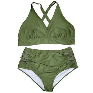 plus size high rise 2 piece bikini swim suit adjustable top plus size 22W olive